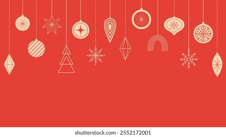 Merry Christmas banner with Christmas tree hanging balls decoration in minimalistic geometric style. Horizontal Background With Place For Greetings. Vector