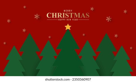 Merry Christmas banner. Christmas tree on red background