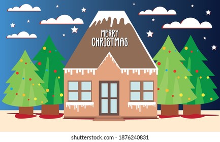 Merry christmas banner. Christmas trees and snow covered house - Vector illustration