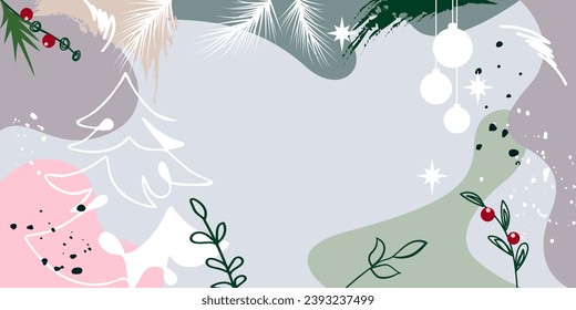 Merry Christmas banner. Trendy Christmas design with space for text, Christmas tree, balls. Modern hand drawn strokes, dots, minimalist style, horizontal poster, postcard, website background