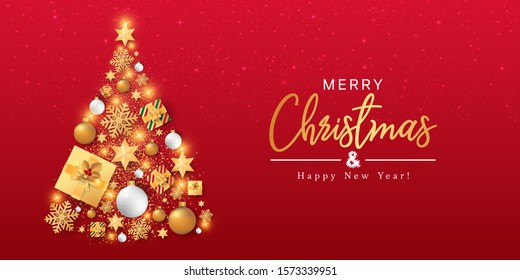 Merry Christmas banner vector. Background illustration Xmas design of Christmas tree with gifts box, snowflake, ball and star on red background. Horizontal Christmas poster.