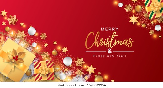 Merry Christmas banner vector. Background illustration Xmas design of sparkling lights garland, with gifts box, snowflake, ball and star on red background. Horizontal Christmas poster.