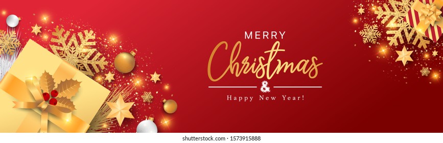 Merry Christmas banner vector. Background illustration Xmas design of sparkling lights garland, with gifts box, snowflake, ball and star on red background. Horizontal Christmas poster.