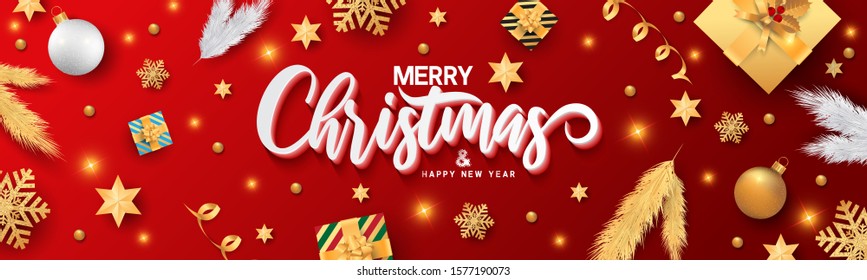 Merry Christmas banner vector. Background illustration Xmas design of sparkling lights garland, with gifts box, snowflake, ball and star on red background. Horizontal Christmas poster.