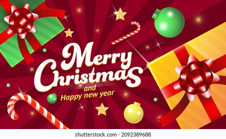 Merry Christmas Banner Vector illustration modern style with Gift box, ball and candy cane. assembled in graphic design, advertising signs, flyers, banners, website and invitation cards celebration