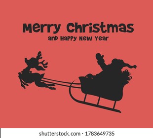 Merry Christmas banner. Vector illustrations of silhouette of Santa Claus flying on reindeer sleigh.
