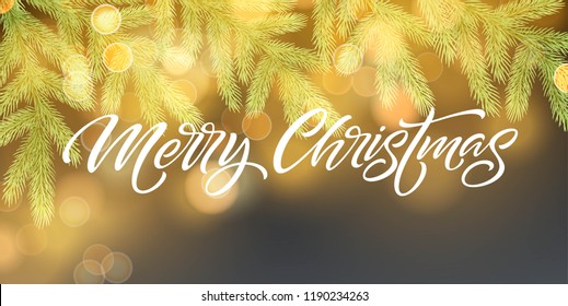 Merry Christmas banner vector template. Realistic fir tree branch with pinecone on blue background with bokeh effect. Xmas lettering with shadow and glowing golden sparkles. Poster, postcard design