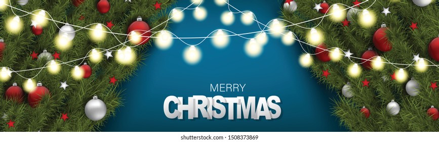 Merry Christmas banner or website header. Fir tree branches with decor - glass balls and glowing lights garland over blue background. Winter season holiday design concept. Vector illustration.