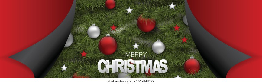 Merry Christmas banner or website header. Fir tree branches with decor - glass balls and glowing lights garland unter peeling off wrapping paper. Winter season holiday design concept