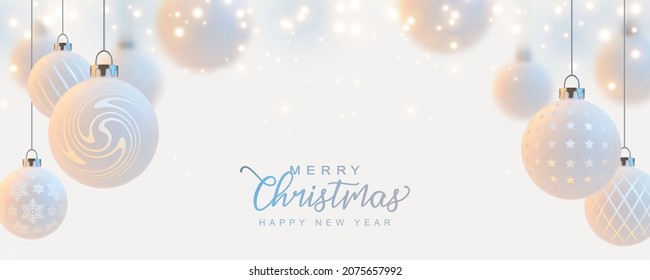 Merry Christmas Banner. White background with glass balls. Holiday Xmas decoration hanging baubles.