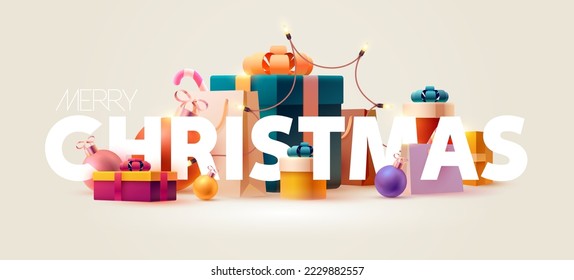 Merry Christmas banner. White big letters with colored gift boxes and Christmas decoration. Realistic holiday composition for greeting cards, posters, web, flyers.