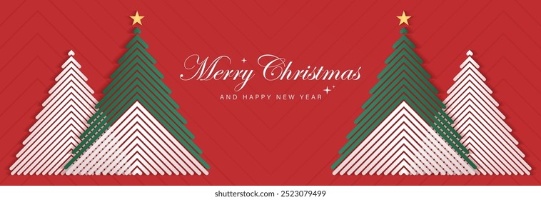 Merry Christmas banner. White and green christmas tree on red background. Modern design. Suit for greeting card, invitation, cover, poster, party, backdrop, holiday banner, flyer, brochure