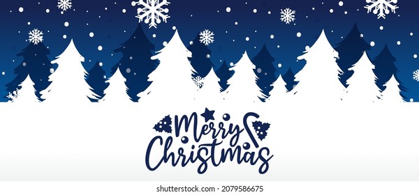 Merry Christmas banner with white pine silhouette illustration