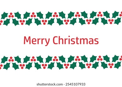 Merry Christmas banner, winter holiday card with holly frame, red and green vector illustration