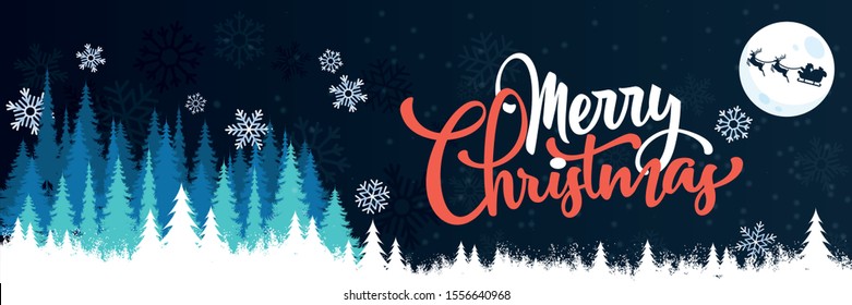 merry christmas banner with winter landscape background. Card Design includes snowflakes, xmas trees, moon and flying santa with holiday deers. Vector illustration  