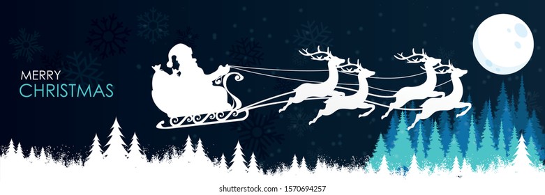 merry christmas banner with winter landscape background and flying santa with reindeers. christmas greeting card design includes snowflakes, xmas trees, and moon. Vector illustration  