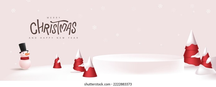 Merry Christmas banner winter landscape background and product display cylindrical shape