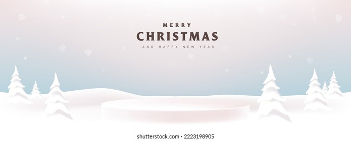 Merry Christmas banner winter landscape background and snow product display cylindrical shape