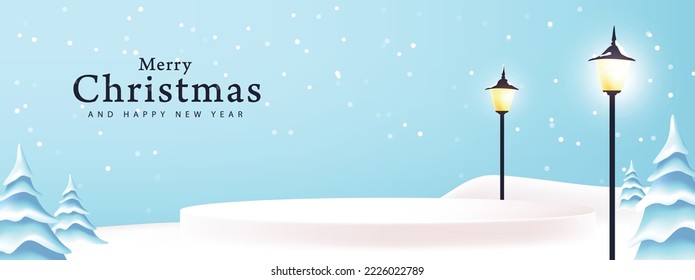 Merry Christmas banner winter landscape background and snow product display cylindrical shape