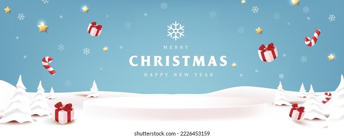 Merry Christmas banner winter landscape background and snow product display cylindrical shape