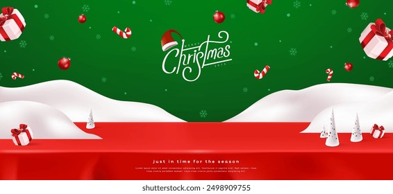 Merry Christmas banner winter landscape and red tablecloth product display with copy space and gift box decorate