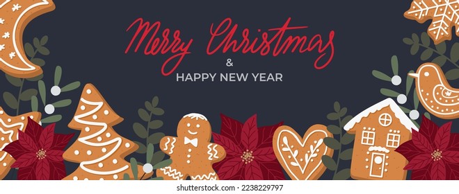 Merry Christmas banner with winter mistletoe, poinsettia and gingerbread cookies, greeting cards. Cute vector illustration in flat cartoon style, on dark blue background