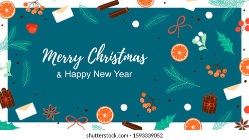 Merry Christmas Banner with winter objects. Blank template for sale, poster, promo, wallpaper, background. Vector Illustration