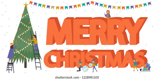 Merry Christmas banner, winter scene with a huge text and small people, kids, young men and women, decorate the Christmas tree, snowboarding, sledding, ice skating, skiing. Vector Illustration 