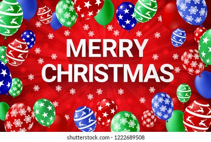 Merry Christmas banner winter season with colorful balloon and snowflake on red background. Christmas celebration concept vector illustration.