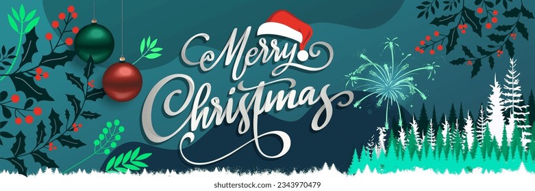 Merry Christmas banner with winter theme snow design background. Christmas ornaments calligraphy with Santa hat and red green blue gifts with Snowflakes pine trees fireworks. Vector Illustration.