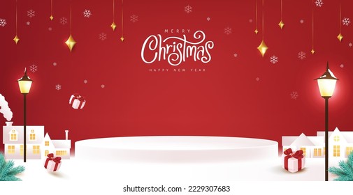 Merry Christmas banner winter town landscape background and snow product display cylindrical shape 