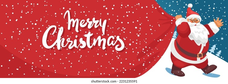 Merry Christmas banner with wishes, Santa Claus carries a big red bag of gifts. Christmas text on red background. Vector flat cartoon illustration.