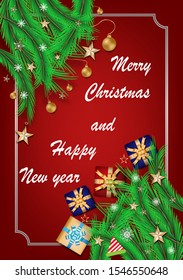 Merry Christmas banner.Red Xmas background with gifts box and decorative object,festival,Gold star,Christmas Tree,Happy new year,Vector concept celebration and copy space background.