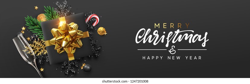 Merry Christmas banner, Xmas bauble with gifts box and snowflake glitter, glasses champagne. Horizontal Christmas posters, greeting card, header, website. Objects viewed from above. Flat lay, Top view