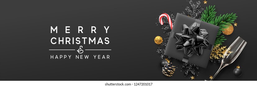 Merry Christmas banner, Xmas bauble with gifts box and snowflake glitter, glasses champagne. Horizontal Christmas posters, greeting card, header, website. Objects viewed from above. Flat lay, Top view