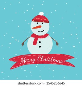 Merry Christmas Banner or Xmas Greeting Card. Cute Smiling Snowman with Carrot instead of Nose Wearing Knitted Hat and Scarf Stand on Snowy Background with Red Ribbon. Cartoon Flat Vector Illustration