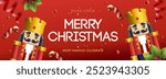 Merry Christmas banner with Xmas Nutcracker, candy stick, serpentine and holly berry. Horizontal Christmas posters, greeting cards, headers, website. Xmas toy in geometric 3d style vector illustration