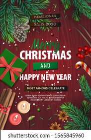 Merry Christmas banner, Xmas Party with gifts box, green pine branches, candy stick, anise, candles, cinnamon. Holiday Event posters, greeting cards, headers, website. Objects viewed from above