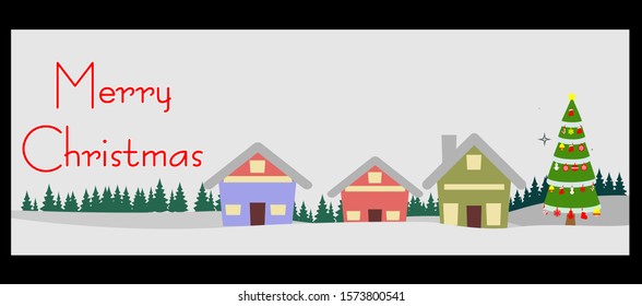 Merry Christmas banner, Xmas Party with home and Christmas Tree, candy stick Xmas decoration. Horizontal Christmas posters, greeting cards, headers, website. flat editable vector. white background