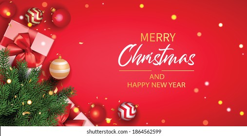 Merry Christmas banner, Xmas Party with gifts box, green pine branches, and holly berry. Horizontal Christmas posters, greeting cards, headers, website. Objects viewed from above