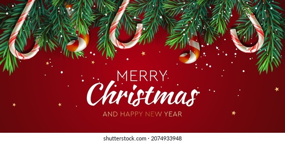 Merry Christmas banner, Xmas Party. Fir tree with hanging lollipops on a red background. Stylish lettering. Falling snowflakes. Vector illustration