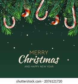 Merry Christmas banner, Xmas Party. Spruce branch with hanging lollipops. Vector illustration