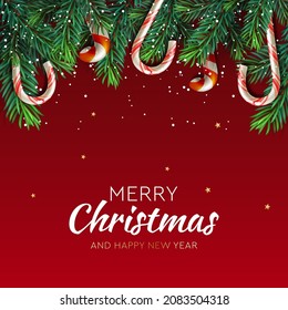 Merry Christmas banner, Xmas Party. Fir tree with hanging lollipops on a red background. Stylish lettering. Falling snowflakes. Vector illustration