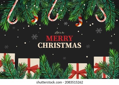 Merry Christmas banner, Xmas Party. Spruce branch with hanging lollipops and gift boxes. Vector illustration