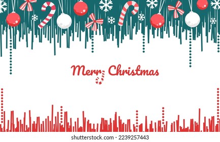 Merry christmas banner, Xmas party with candy sticks and balls, Xmas decoration border background, Design for poster, greeting, Christmas ornament frame for winter holiday, Vector illustration.
