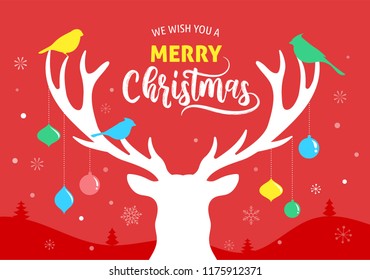 Merry Christmas banner, Xmas template background with deer silhouette, vector illustration