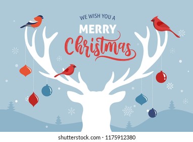 Merry Christmas banner, Xmas template background with deer silhouette, vector illustration