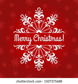 Merry Christmas banner. Xmas text isolated on the red background with  snowflakes. Winter greeting card template. Vector illustration.