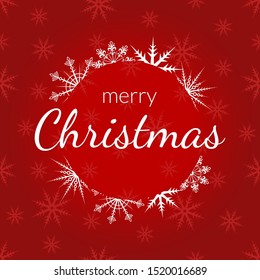 Merry Christmas banner. Xmas text with snowflake wreath decoration isolated on the red background with  snowflakes. Winter greeting card template. Vector illustration.