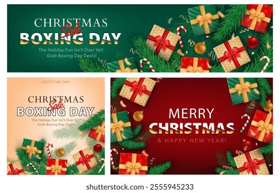 Merry Christmas banners with 3d gift boxes with bows, candy canes, golden confetti and fir branches on red, green, beige background. Various greeting cards for winter holiday and New Year celebration